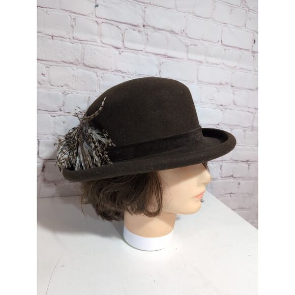 Hat-A-Tude Brown Wool Gambler Cloche Hat with Guinea Fowl Feathers 22\